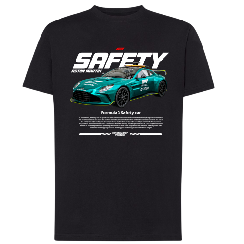 Czarna koszulka męska Aston Martin Safety Car F1 z zielonym samochodem bezpieczeństwa