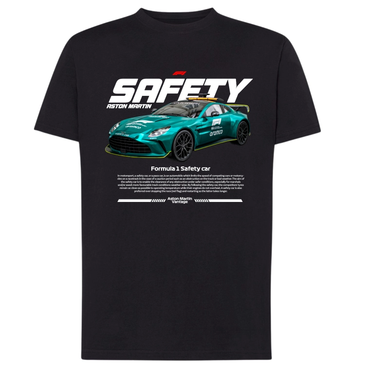 Czarna koszulka męska Aston Martin Safety Car F1 z zielonym samochodem bezpieczeństwa