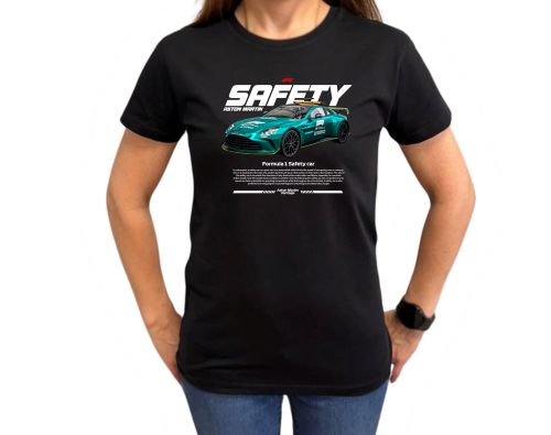 Czarna koszulka damska Aston Martin Safety Car F1 z zielonym samochodem bezpieczeństwa Formuły 1 i białym napisem SAFETY