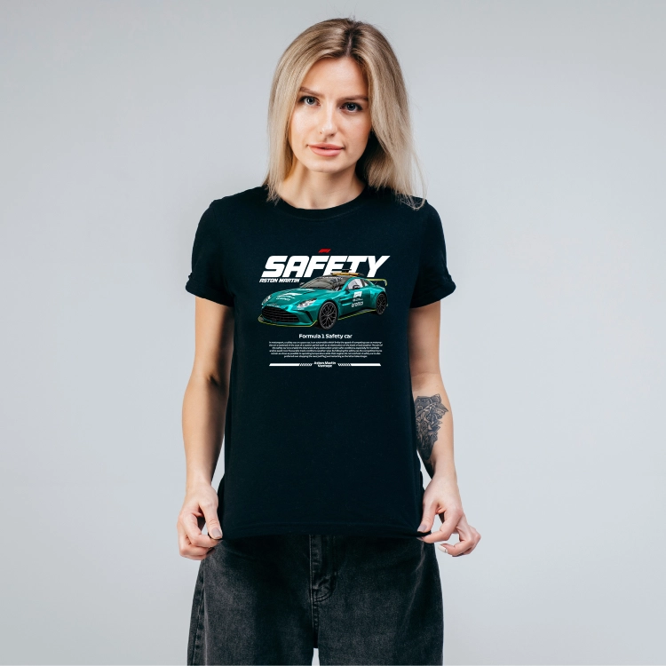 Czarna koszulka damska Aston Martin Safety Car F1 z zielonym samochodem bezpieczeństwa Formuły 1 i białym napisem SAFETY