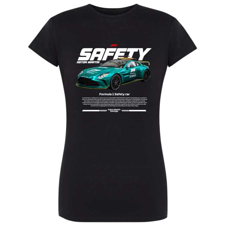 Czarna koszulka damska Aston Martin Safety Car F1 z zielonym samochodem bezpieczeństwa Formuły 1 i białym napisem SAFETY