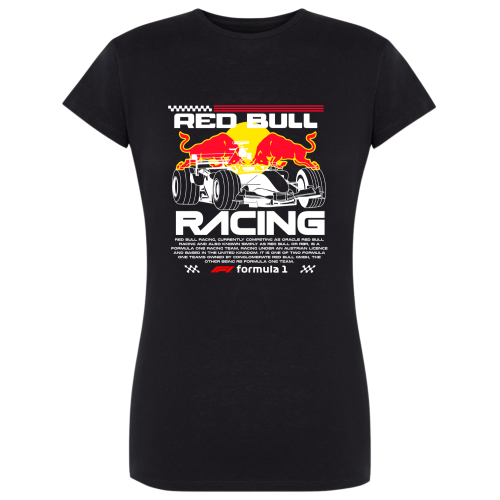 Czarna koszulka damska Red Bull Racing F1 z grafiką bolidu Formuły 1, czerwonymi bykami oraz białym napisem Racing