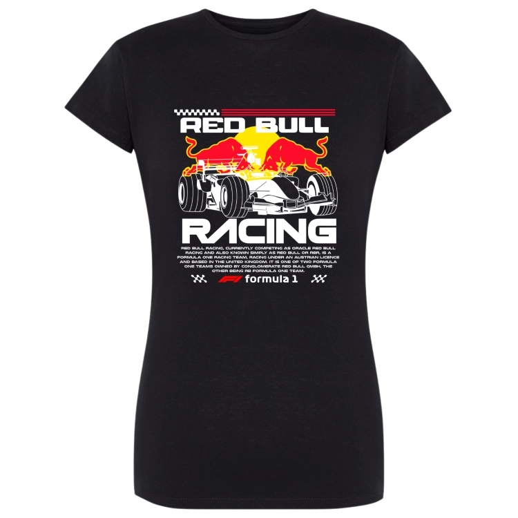 Czarna koszulka damska Red Bull Racing F1 z grafiką bolidu Formuły 1, czerwonymi bykami oraz białym napisem Racing