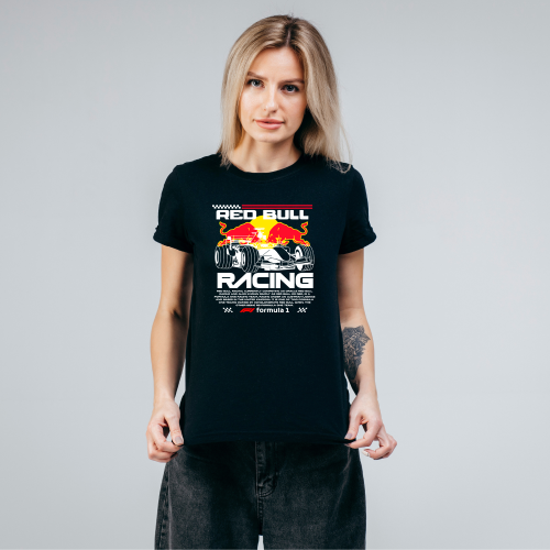 Czarna koszulka damska Red Bull Racing F1 z grafiką bolidu Formuły 1, czerwonymi bykami oraz białym napisem Racing