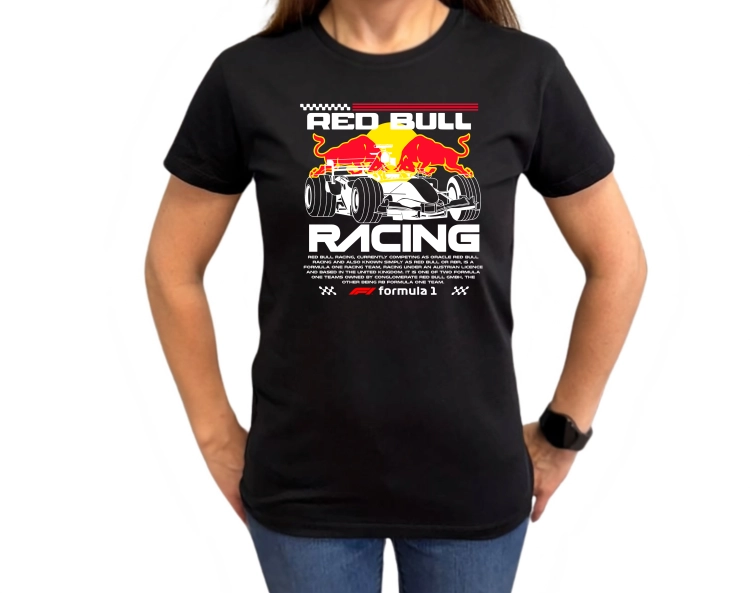 Czarna koszulka damska Red Bull Racing F1 z grafiką bolidu Formuły 1, czerwonymi bykami oraz białym napisem Racing