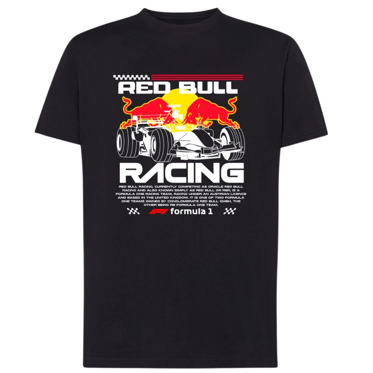 Czarna koszulka męska Red Bull Racing F1 z bolidem wyścigowym, czerwonymi bykami, żółtym słońcem i napisem Racing