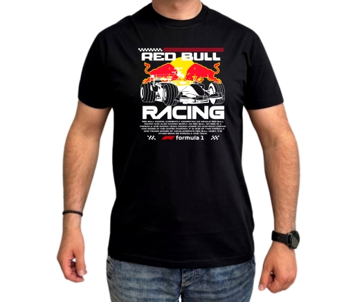 Czarna koszulka męska Red Bull Racing F1 z bolidem wyścigowym, czerwonymi bykami, żółtym słońcem i napisem Racing