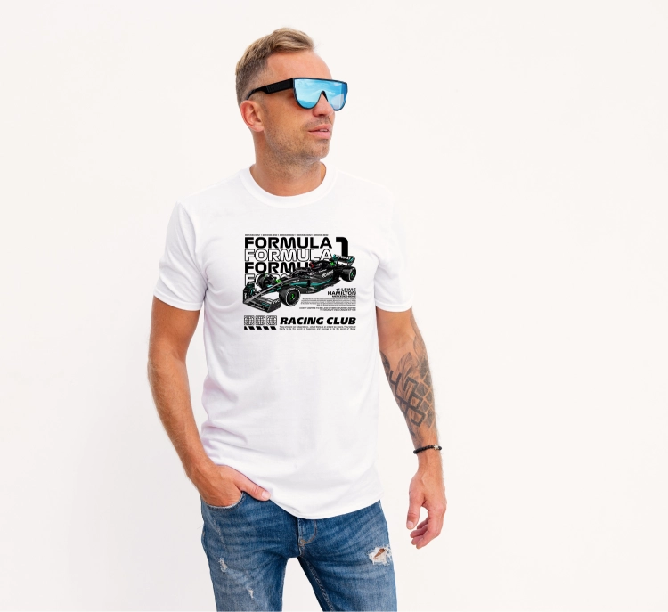 Biała koszulka męska Mercedes F1 Lewis Hamilton Racing Club z czarnym bolidem Formuły 1