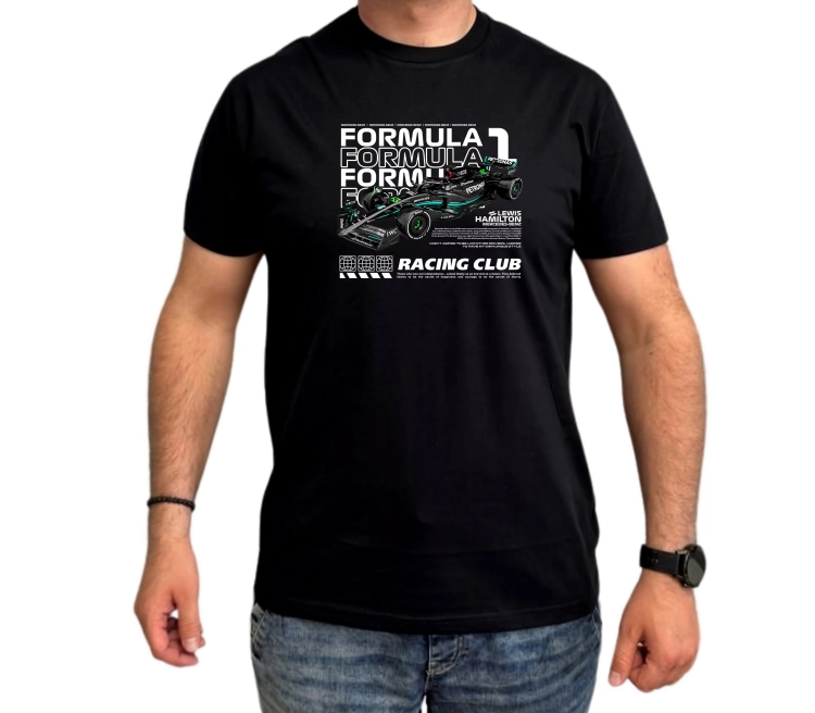 Czarna koszulka męska Mercedes F1 Lewis Hamilton Racing Club z grafiką bolidu Mercedes-AMG Petronas