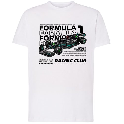 Biała koszulka męska Mercedes F1 Lewis Hamilton Racing Club z czarnym bolidem Formuły 1