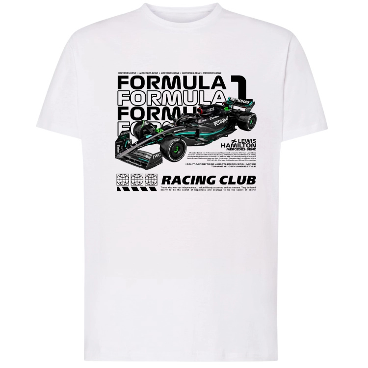 Biała koszulka męska Mercedes F1 Lewis Hamilton Racing Club z czarnym bolidem Formuły 1