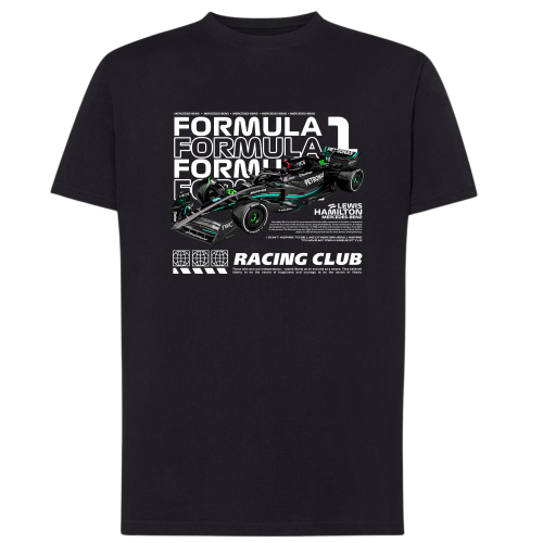 Czarna koszulka męska Mercedes F1 Lewis Hamilton Racing Club z grafiką bolidu Mercedes-AMG Petronas