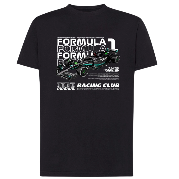 Czarna koszulka męska Mercedes F1 Lewis Hamilton Racing Club z grafiką bolidu Mercedes-AMG Petronas