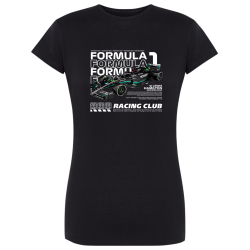 Czarna koszulka damska Mercedes F1 Lewis Hamilton Racing Club z grafiką bolidu Mercedes-AMG Petronas