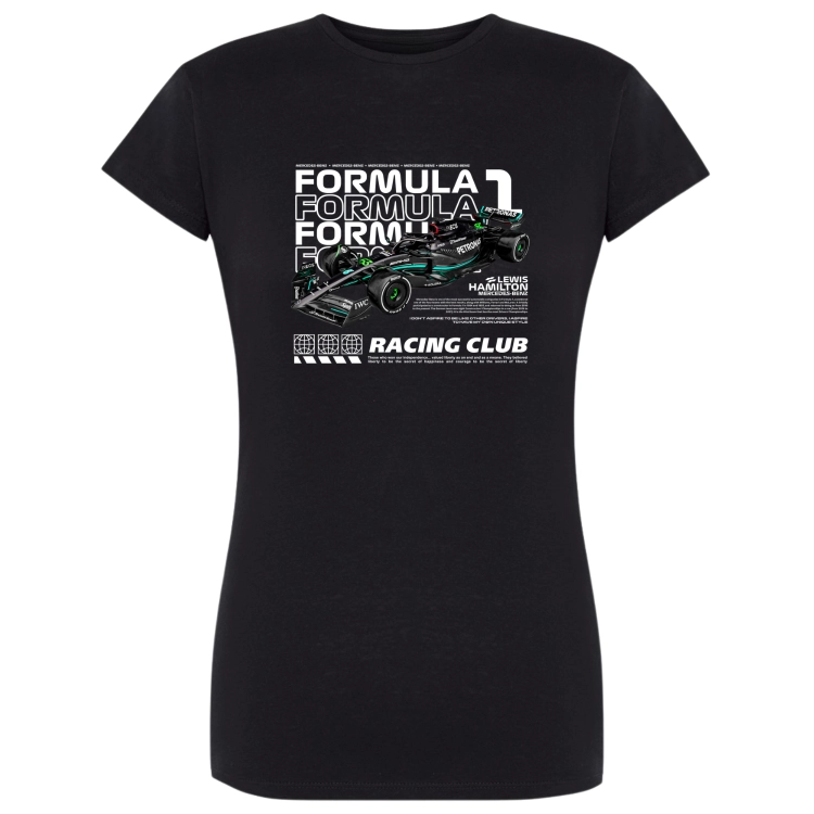 Czarna koszulka damska Mercedes F1 Lewis Hamilton Racing Club z grafiką bolidu Mercedes-AMG Petronas