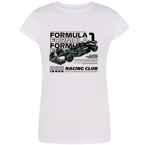 Biała koszulka damska Mercedes F1 Lewis Hamilton z wyścigowym bolidem i napisem Racing Club