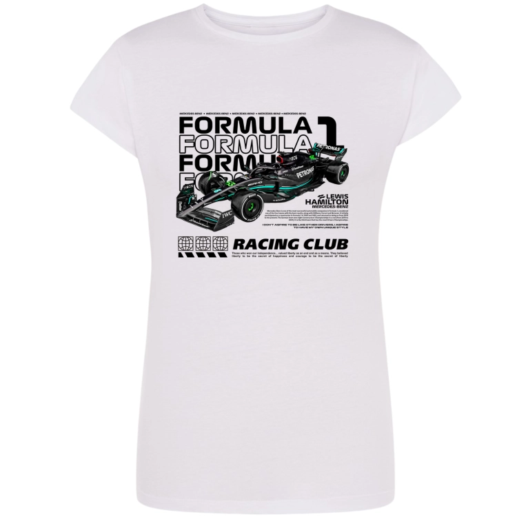 Biała koszulka damska Mercedes F1 Lewis Hamilton z wyścigowym bolidem i napisem Racing Club