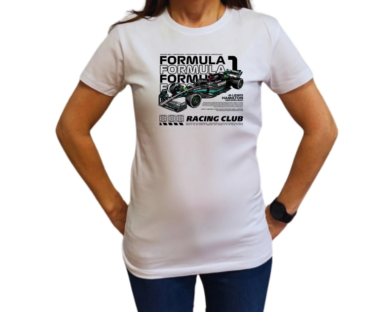 Biała koszulka damska Mercedes F1 Lewis Hamilton z wyścigowym bolidem i napisem Racing Club
