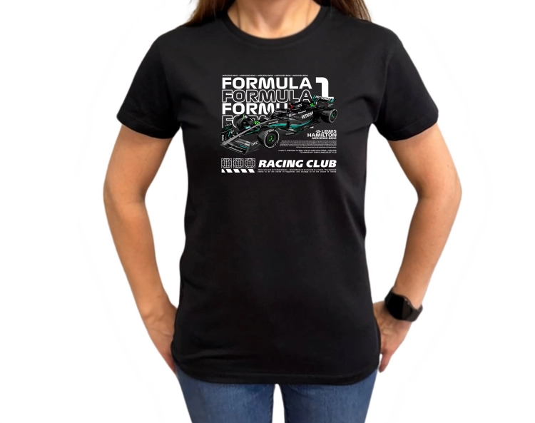 Czarna koszulka damska Mercedes F1 Lewis Hamilton Racing Club z grafiką bolidu Mercedes-AMG Petronas