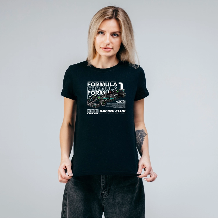 Czarna koszulka damska Mercedes F1 Lewis Hamilton Racing Club z grafiką bolidu Mercedes-AMG Petronas
