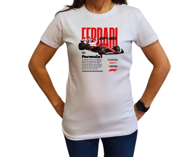 Biała koszulka damska Ferrari SF-25 Scuderia 2025 z czerwonym bolidem Formuły 1 i nadrukiem Ferrari