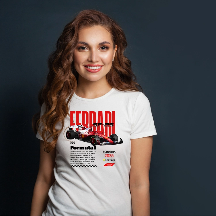 Biała koszulka damska Ferrari SF-25 Scuderia 2025 z czerwonym bolidem Formuły 1 i nadrukiem Ferrari