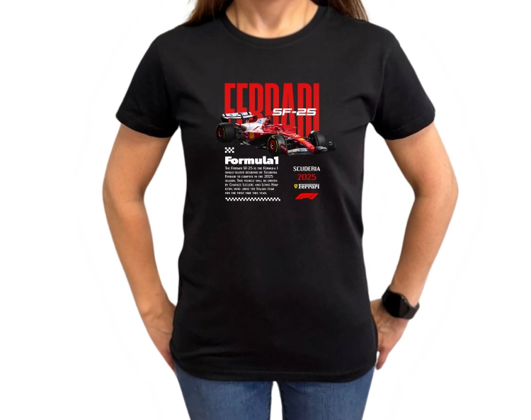 Czarna koszulka damska Ferrari SF-25 Scuderia 2025 z czerwonym bolidem Formuły 1 i nadrukiem Ferrari