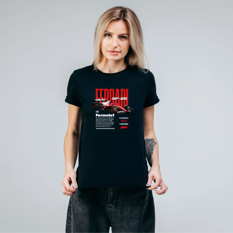 Czarna koszulka damska Ferrari SF-25 Scuderia 2025 z czerwonym bolidem Formuły 1 i nadrukiem Ferrari