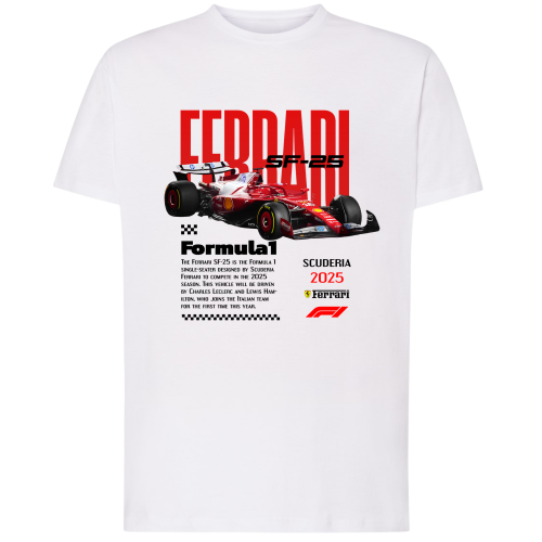 Biała koszulka męska Ferrari SF-25 Scuderia 2025 z czerwonym bolidem F1 i nadrukiem Formuła 1