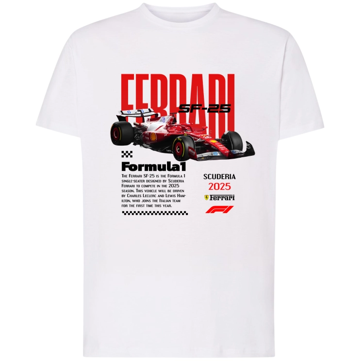 Biała koszulka męska Ferrari SF-25 Scuderia 2025 z czerwonym bolidem F1 i nadrukiem Formuła 1