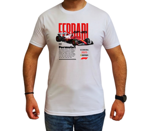 Biała koszulka męska Ferrari SF-25 Scuderia 2025 z czerwonym bolidem F1 i nadrukiem Formuła 1