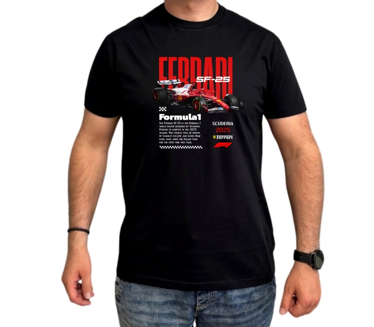 Czarna koszulka męska Ferrari SF-25 Scuderia 2025 z czerwonym bolidem F1 i nadrukiem Formuła 1
