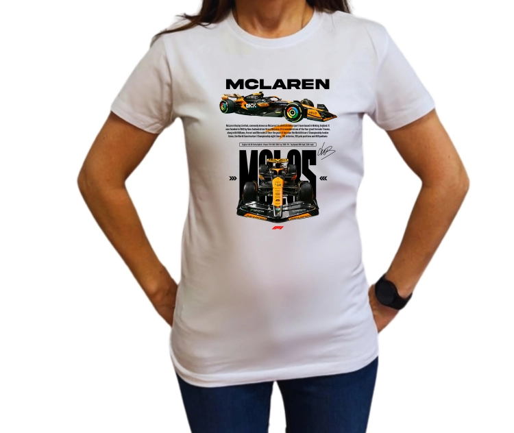 koszulka damska McLaren F1 Lando Norris z pomarańczowym bolidem Formuły 1 i nadrukiem NORRIS