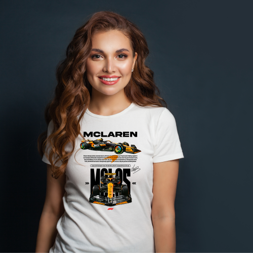 koszulka damska McLaren F1 Lando Norris z pomarańczowym bolidem Formuły 1 i nadrukiem NORRIS