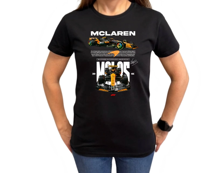 koszulka damska McLaren F1 Lando Norris z pomarańczowym bolidem Formuły 1 i nadrukiem NORRIS