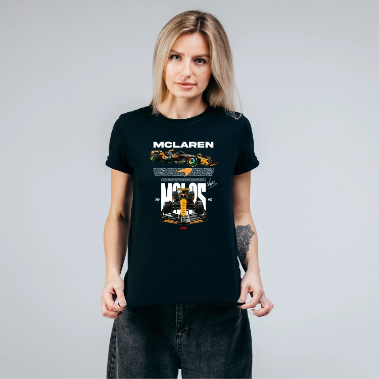 koszulka damska McLaren F1 Lando Norris z pomarańczowym bolidem Formuły 1 i nadrukiem NORRIS