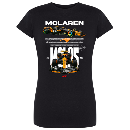 koszulka damska McLaren F1 Lando Norris z pomarańczowym bolidem Formuły 1 i nadrukiem NORRIS