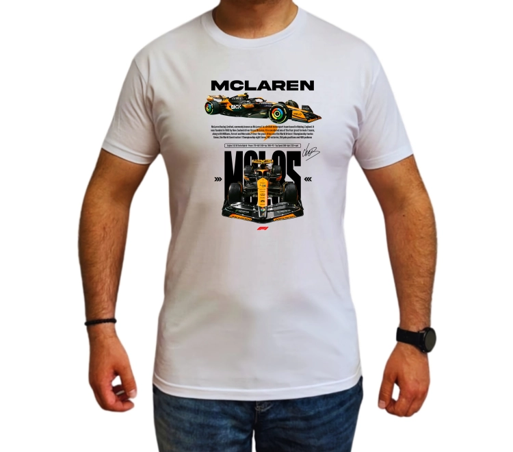 koszulka męska McLaren F1 Lando Norris z pomarańczowym bolidem wyścigowym i napisem NORRIS