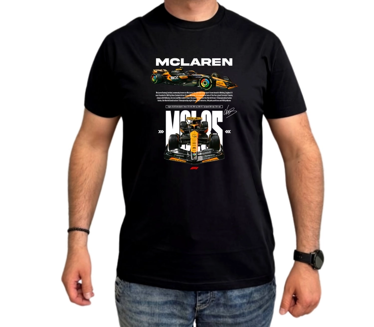 koszulka męska McLaren F1 Lando Norris z pomarańczowym bolidem wyścigowym i napisem NORRIS