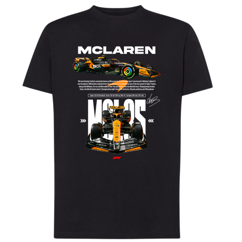 koszulka męska McLaren F1 Lando Norris z pomarańczowym bolidem wyścigowym i napisem NORRIS