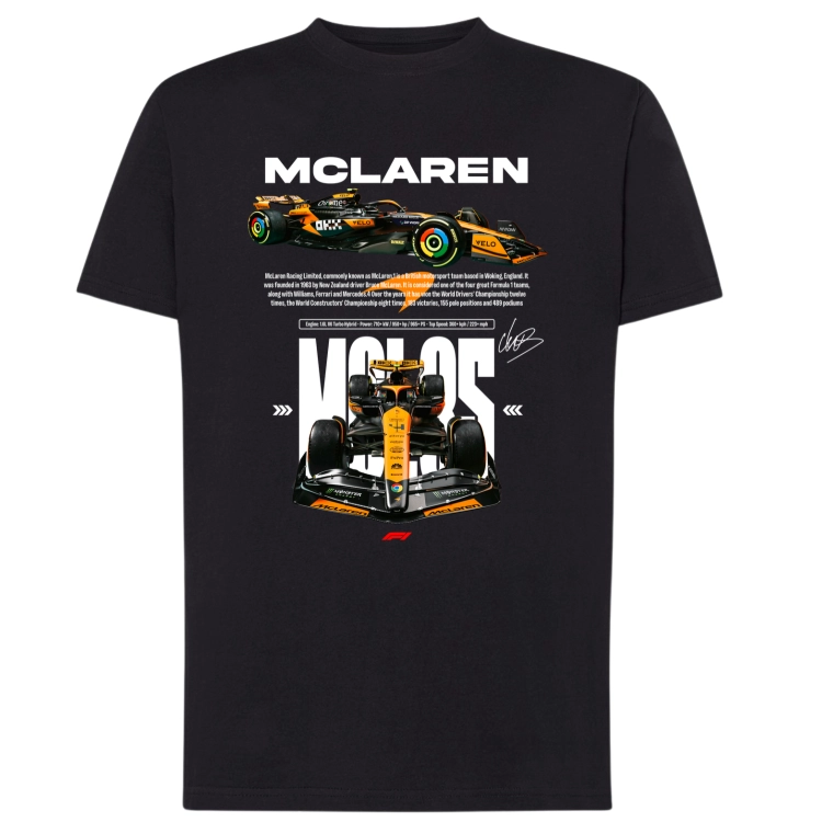 koszulka męska McLaren F1 Lando Norris z pomarańczowym bolidem wyścigowym i napisem NORRIS