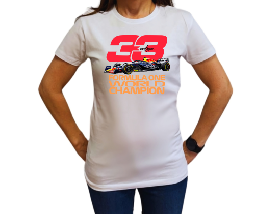 Biała koszulka damska Max Verstappen 33 Red Bull Racing F1 z bolidem Formuły 1 i napisem World Champion
