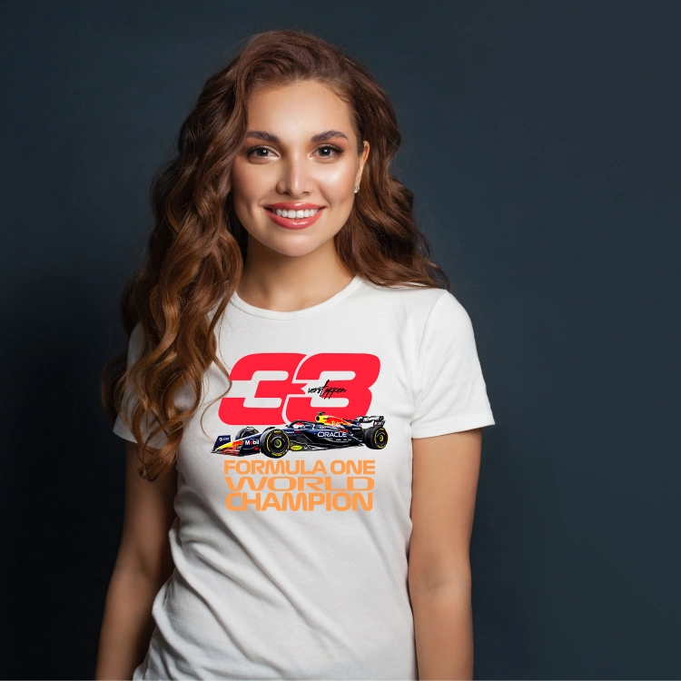 Biała koszulka damska Max Verstappen 33 Red Bull Racing F1 z bolidem Formuły 1 i napisem World Champion