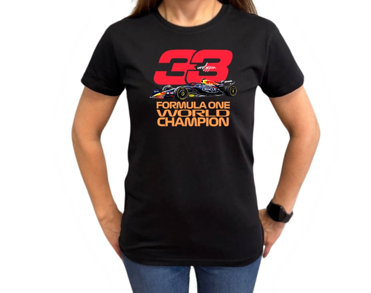 czarna koszulka damska Max Verstappen 33 Red Bull Racing F1 z bolidem Formuły 1 i napisem World Champion