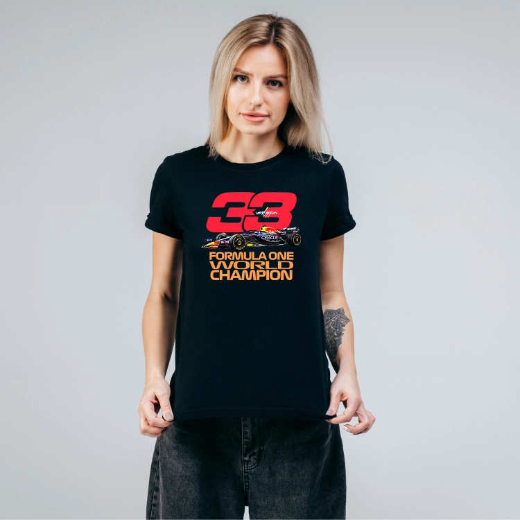 czarna koszulka damska Max Verstappen 33 Red Bull Racing F1 z bolidem Formuły 1 i napisem World Champion