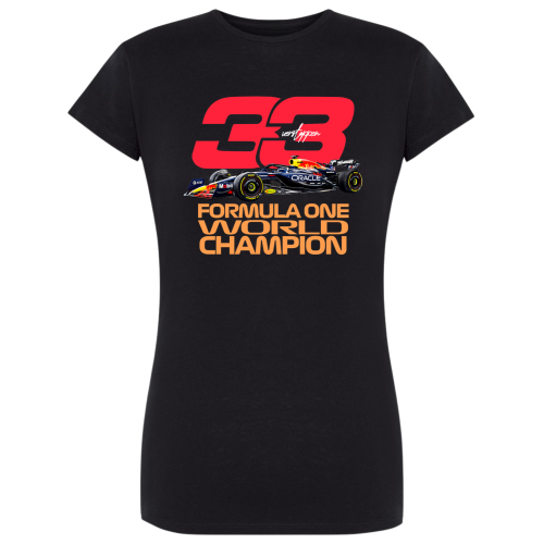 czarna koszulka damska Max Verstappen 33 Red Bull Racing F1 z bolidem Formuły 1 i napisem World Champion