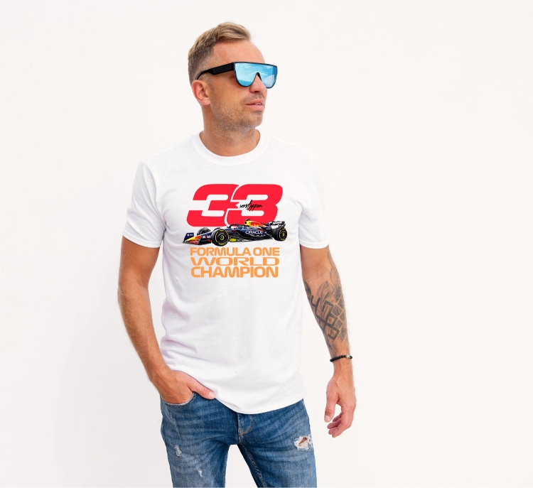 Biała i czarna koszulka męska Max Verstappen 33 Red Bull Racing F1 z bolidem i nadrukiem Formula One World Champion