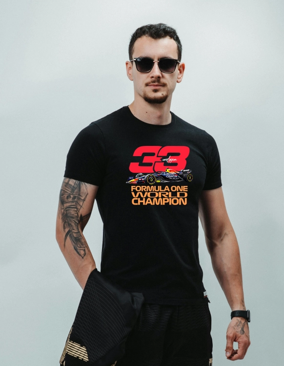Biała i czarna koszulka męska Max Verstappen 33 Red Bull Racing F1 z bolidem i nadrukiem Formula One World Champion