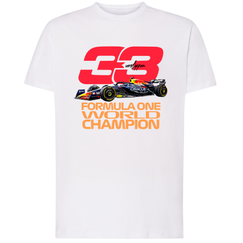 Biała i czarna koszulka męska Max Verstappen 33 Red Bull Racing F1 z bolidem i nadrukiem Formula One World Champion