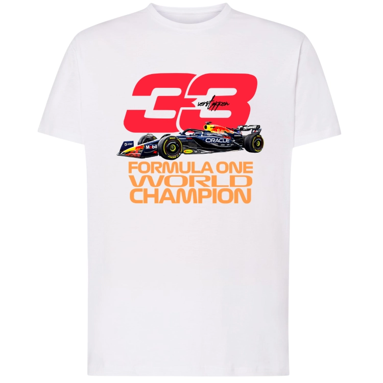 Biała i czarna koszulka męska Max Verstappen 33 Red Bull Racing F1 z bolidem i nadrukiem Formula One World Champion